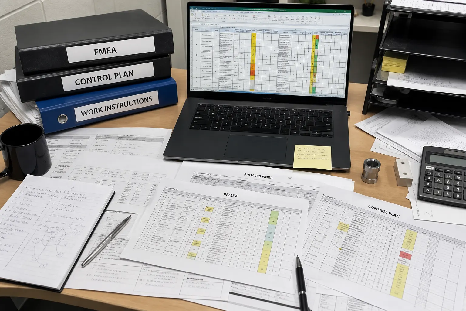 โต๊ะทำงานที่มีเอกสาร FMEA และสเปรดชีต Excel กระจัดกระจาย